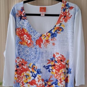 Hearts of Palm Floral Long Sleeve Top - Red, Blue, Yellow.  Size 2X NWOT